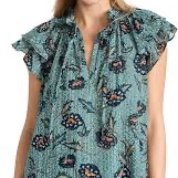 Ulla Johnson Annie Top Womens 2 Cornflower Blue Floral Cotton Blend Blouse Boho - Picture 4 of 15